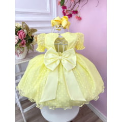 Vestido Bebê Amarelo Com Poá e Pérolas Batizados Festas