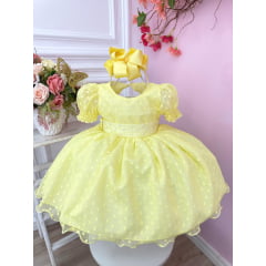 Vestido Bebê Amarelo Com Poá e Pérolas Batizados Festas