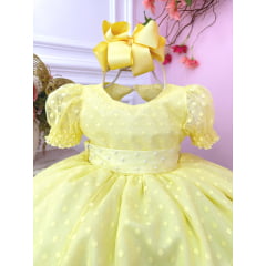 Vestido Bebê Amarelo Com Poá e Pérolas Batizados Festas