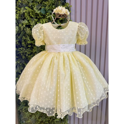Vestido Bebê Amarelo Com Poá e Pérolas Batizados Festas
