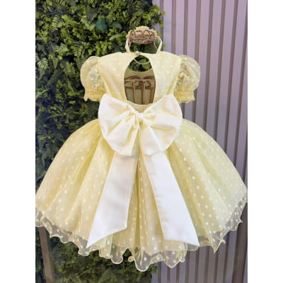 Vestido Bebê Amarelo Com Poá e Pérolas Batizados Festas