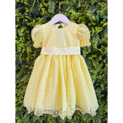 Vestido Bebê Amarelo Com Poá e Pérolas Batizados Festas