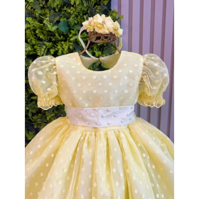 Vestido Bebê Amarelo Com Poá e Pérolas Batizados Festas