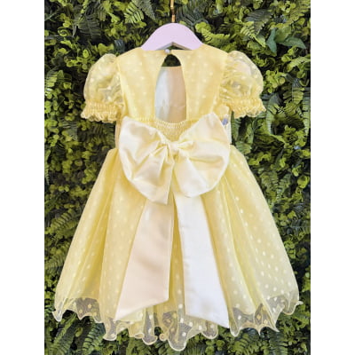 Vestido Bebê Amarelo Com Poá e Pérolas Batizados Festas