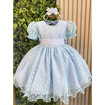 Vestido Bebê Azul Claro Com Poá e Pérolas Batizados Festas