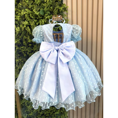 Vestido Bebê Azul Claro Com Poá e Pérolas Batizados Festas