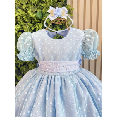 Vestido Bebê Azul Claro Com Poá e Pérolas Batizados Festas