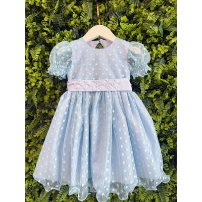 Vestido Bebê Azul Claro Com Poá e Pérolas Batizados Festas