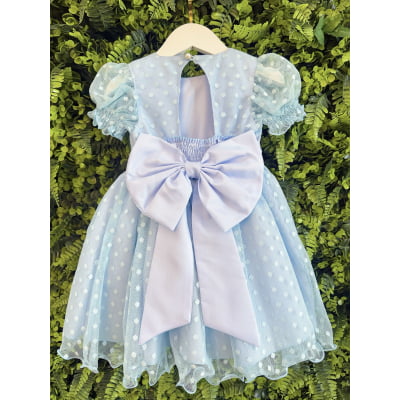 Vestido Bebê Azul Claro Com Poá e Pérolas Batizados Festas