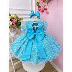 Vestido Bebê Azul Tiffany Com Poá e Pérolas Batizados Festas