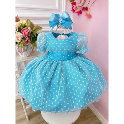 Vestido Bebê Azul Com Poá e Pérolas Batizados Festas