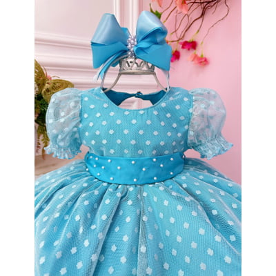 Vestido Bebê Azul Com Poá e Pérolas Batizados Festas