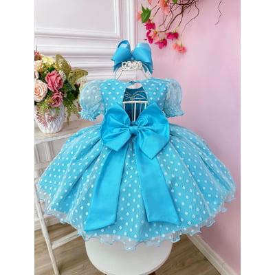 Vestido Bebê Azul Com Poá e Pérolas Batizados Festas