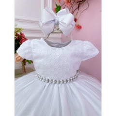 Vestido Bebê Branco Busto C/ Poá e Pérolas Batizados Festa