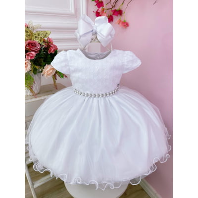 Vestido Bebê Branco Busto C/ Poá e Pérolas Batizados Festa