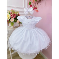 Vestido Bebê Branco Busto C/ Renda e Pérolas Batizados