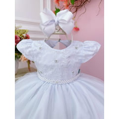 Vestido Bebê Branco Busto C/ Renda e Pérolas Batizados