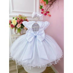 Vestido Bebê Branco Busto C/ Renda e Pérolas Batizados