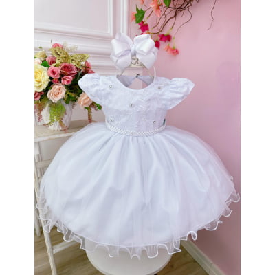 Vestido Bebê Branco Busto C/ Renda e Pérolas Batizados