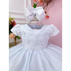 Vestido Bebê Branco Busto Renda Batizados Cinto de Pérolas