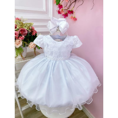 Vestido Bebê Branco Busto Renda Batizados Cinto de Pérolas
