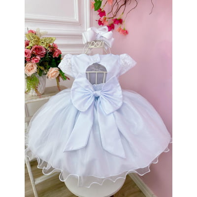Vestido Bebê Branco Busto Renda Batizados Cinto de Pérolas