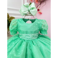 Vestido Bebê Verde Com Poá e Pérolas Batizados Festas