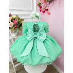 Vestido Bebê Verde Com Poá e Pérolas Batizados Festas