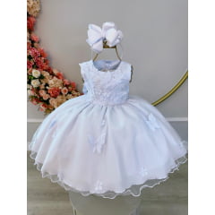 Vestido Infantil Bebê Branco C/ Aplique de Borboletas e Flores