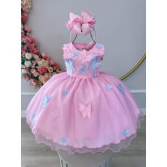 Vestido Infantil Bebê Rosa C/ Aplique de Borboletas e Flores