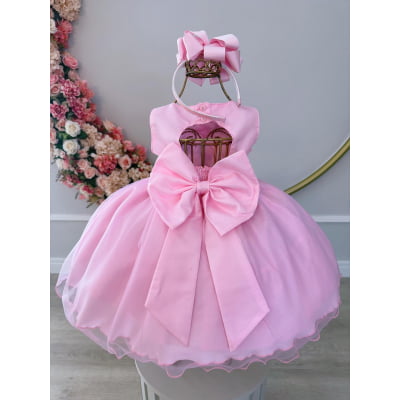 Vestido Infantil Bebê Rosa C/ Aplique de Borboletas e Flores