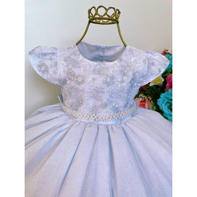 Vestido Infantil Branco Batizado Renda e Pérolas Luxo