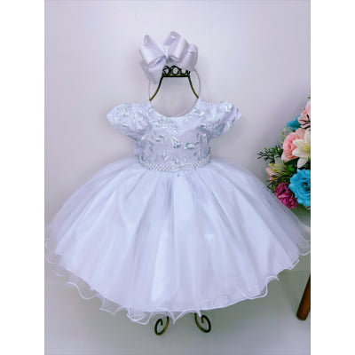 Vestido Infantil Branco Busto Renda Batizado C/ Pérolas