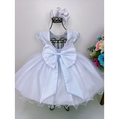 Vestido Infantil Branco Busto Renda Batizado C/ Pérolas