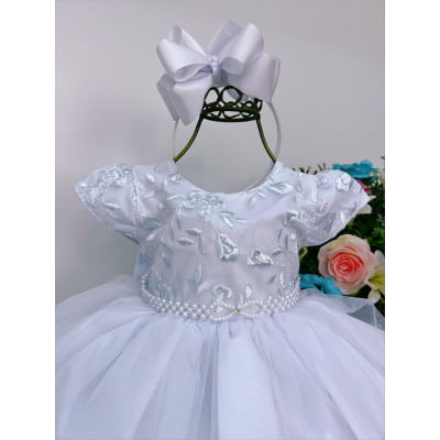 Vestido Infantil Branco Busto Renda Batizado C/ Pérolas