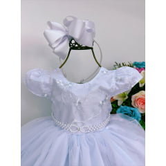 Vestido Infantil Branco Busto Renda Batizado Cinto Pérolas