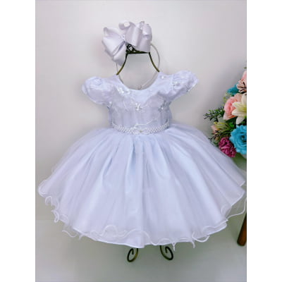 Vestido Infantil Branco Busto Renda Batizado Cinto Pérolas