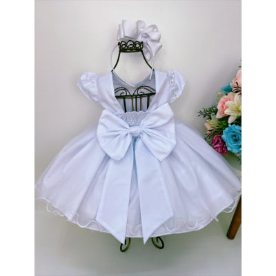 Vestido Infantil Branco Busto Renda Batizado Cinto Pérolas