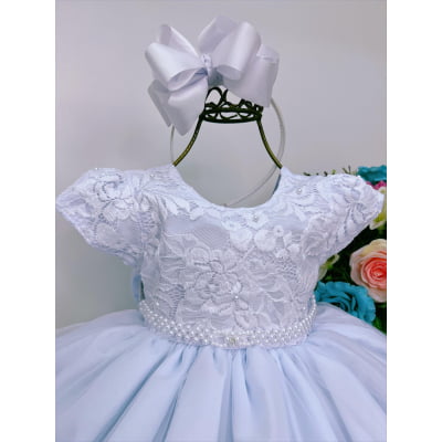 Vestido Infantil Branco Busto Renda C/ Pérolas Batizado