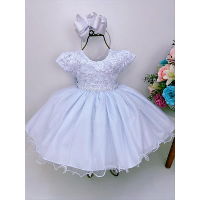 Vestido Infantil Branco Busto Renda C/ Pérolas Batizado