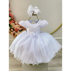 Vestido Infantil Branco Laise Aplique Flor Pérolas Batizado