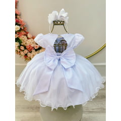 Vestido Infantil Branco Laise Aplique Flor Pérolas Batizado