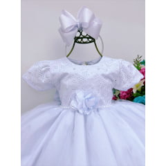 Vestido Infantil Branco Renda Aplique Flor Pérolas Batizado