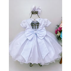 Vestido Infantil Branco Renda Aplique Flor Pérolas Batizado