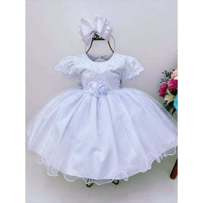 Vestido Infantil Branco Renda Aplique Flor Pérolas Batizado