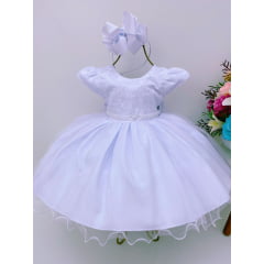 Vestido Infantil Branco Renda no Busto e Pérolas Batizado