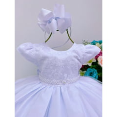 Vestido Infantil Branco Renda no Busto e Pérolas Batizado