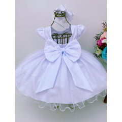 Vestido Infantil Branco Renda no Busto e Pérolas Batizado