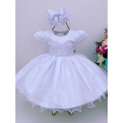 Vestido Infantil Branco Renda no Busto e Pérolas Batizado Luxo