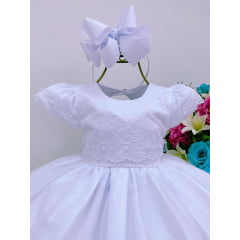 Vestido Infantil Branco Renda no Busto e Pérolas Batizado Luxo